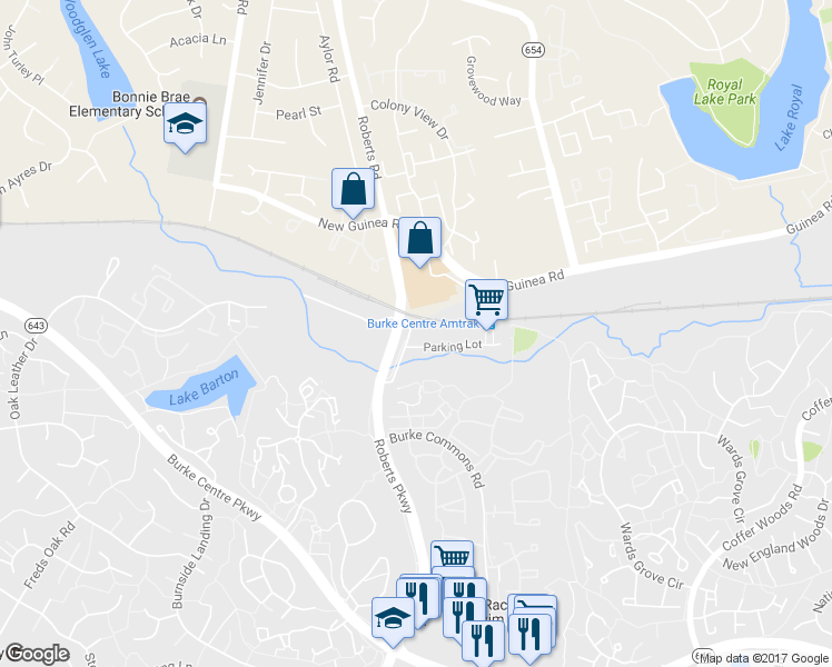 map of restaurants, bars, coffee shops, grocery stores, and more near 10399 Premier Court in Burke