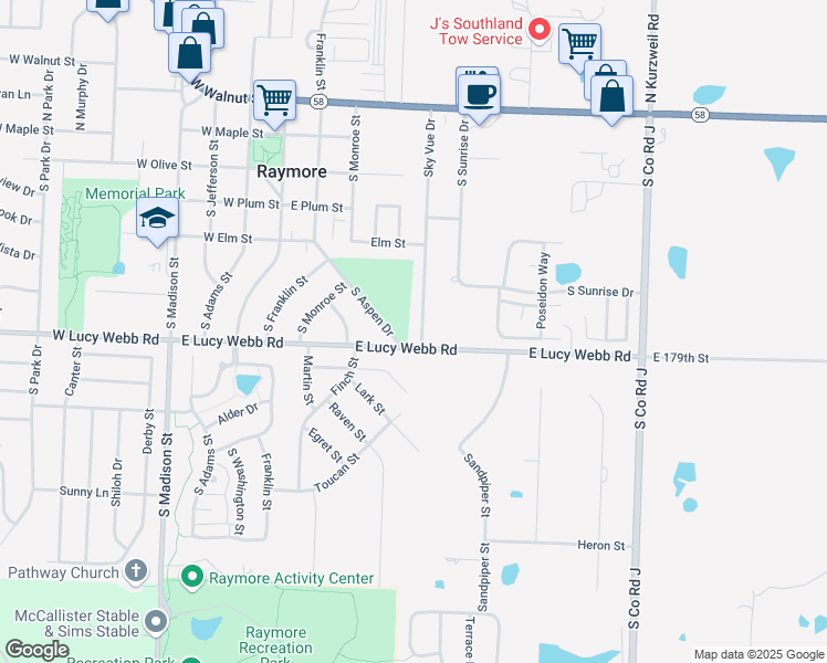 map of restaurants, bars, coffee shops, grocery stores, and more near 517 Sky Vue Drive in Raymore
