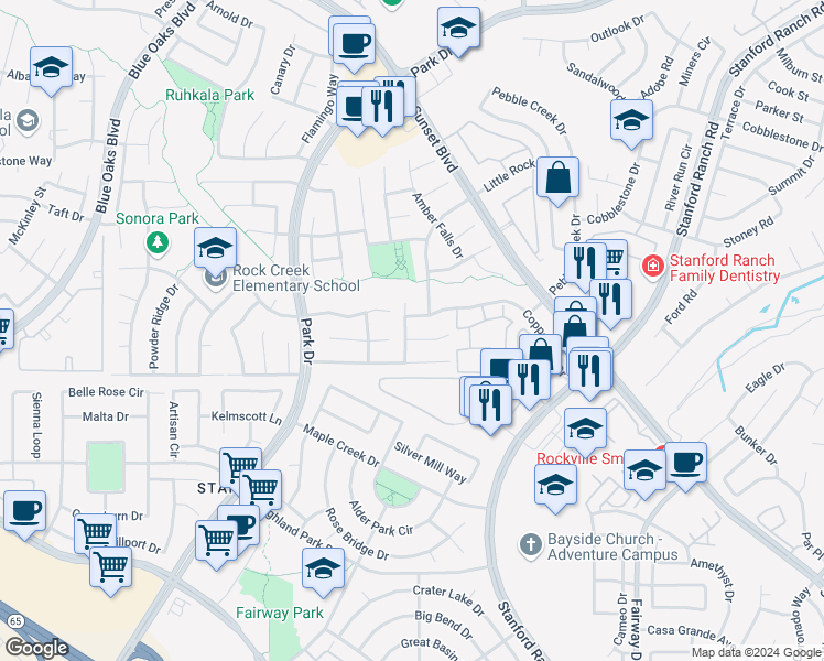 map of restaurants, bars, coffee shops, grocery stores, and more near 6312 Crimson Ridge Drive in Rocklin