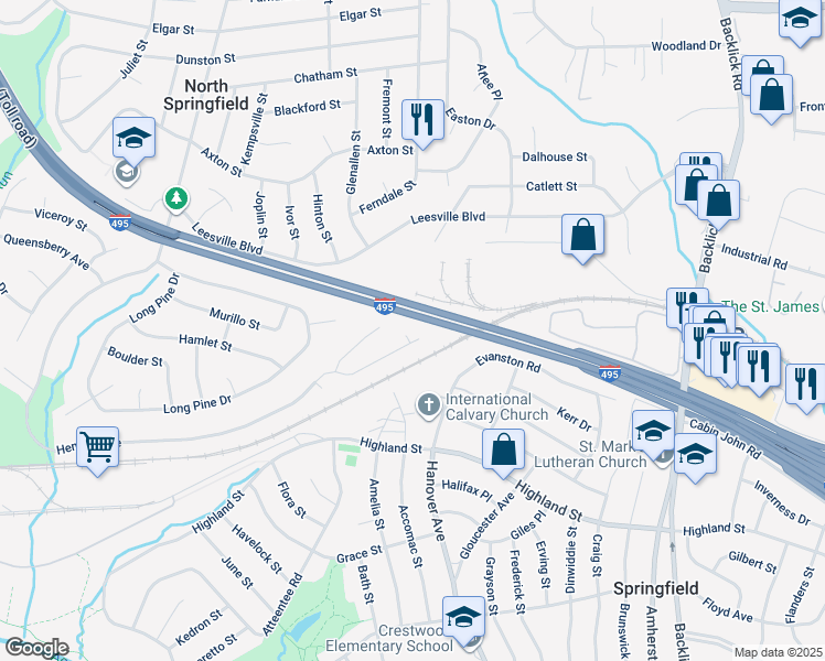 map of restaurants, bars, coffee shops, grocery stores, and more near 5703 Tender Court in Springfield