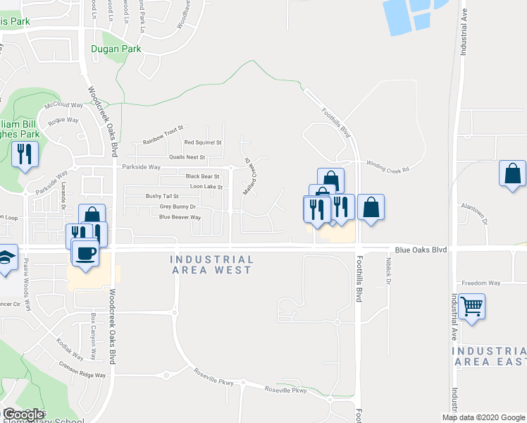 map of restaurants, bars, coffee shops, grocery stores, and more near 1351 Indian Runner Drive in Roseville