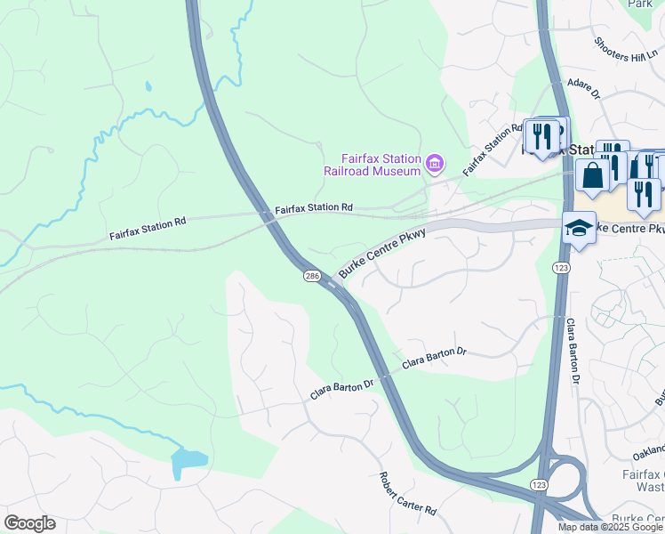 map of restaurants, bars, coffee shops, grocery stores, and more near 5963 Fairview Woods Drive in Fairfax Station