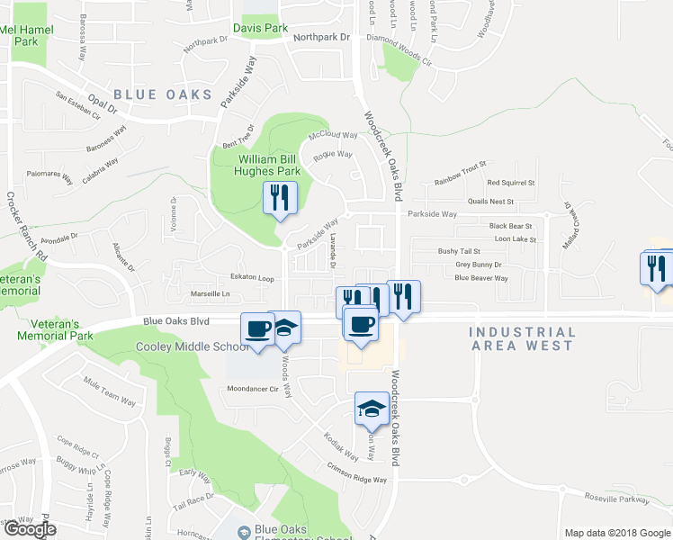 map of restaurants, bars, coffee shops, grocery stores, and more near 616 Macon Place in Roseville