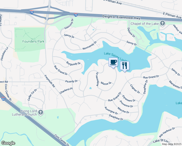 map of restaurants, bars, coffee shops, grocery stores, and more near 24 Champagne Drive in Lake Saint Louis
