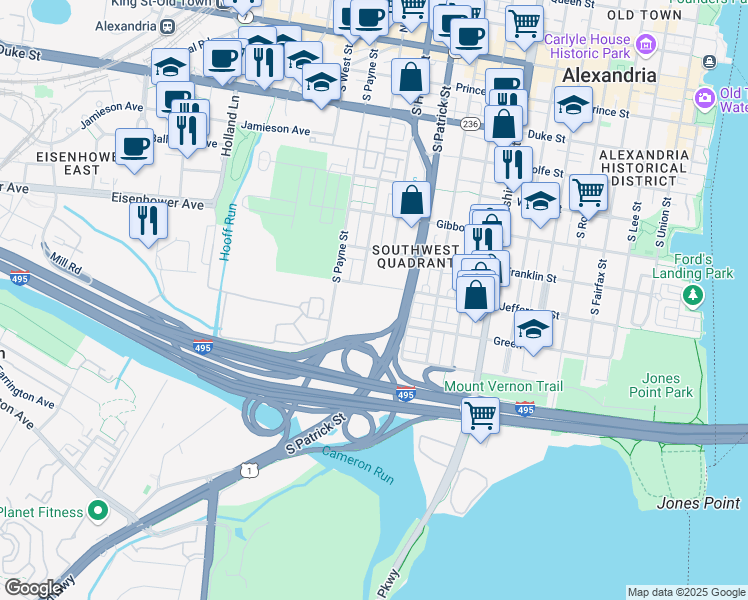 map of restaurants, bars, coffee shops, grocery stores, and more near 1108 Jefferson Street in Alexandria