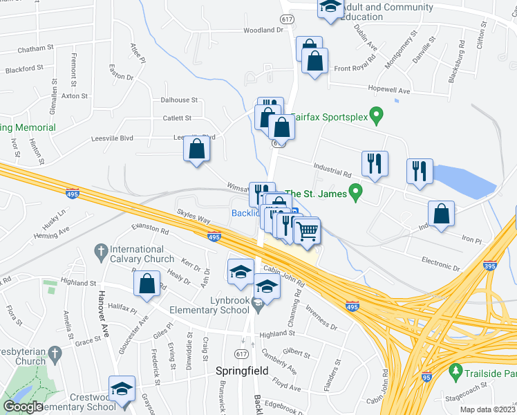 map of restaurants, bars, coffee shops, grocery stores, and more near 7005 Rhoden Court in North Springfield