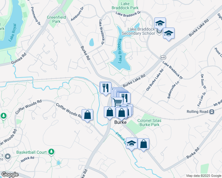 map of restaurants, bars, coffee shops, grocery stores, and more near 9495 Burke Road in Burke