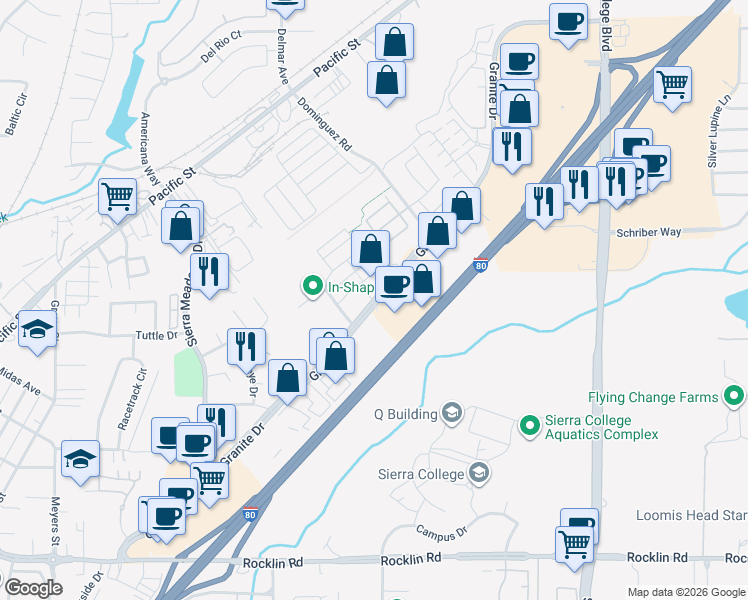 map of restaurants, bars, coffee shops, grocery stores, and more near Granite Drive in Rocklin