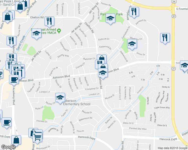 map of restaurants, bars, coffee shops, grocery stores, and more near 4531 Lamplighter Circle in Colorado Springs