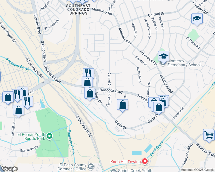 map of restaurants, bars, coffee shops, grocery stores, and more near 2373 Spring Blossom Drive in Colorado Springs