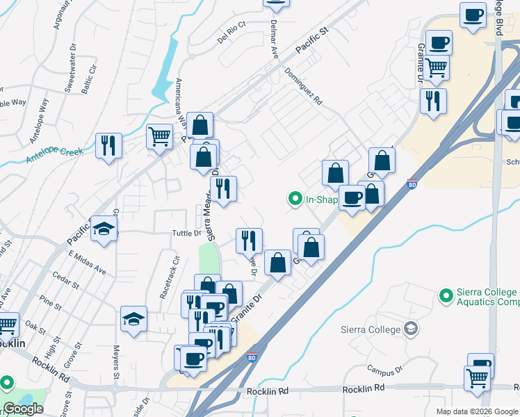 map of restaurants, bars, coffee shops, grocery stores, and more near 2408 Tamarack Court in Rocklin