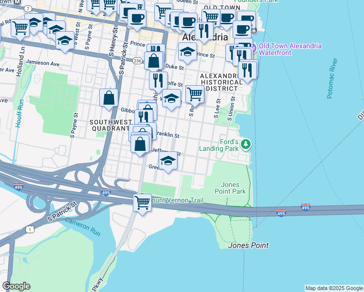 map of restaurants, bars, coffee shops, grocery stores, and more near 715 South Royal Street in Alexandria