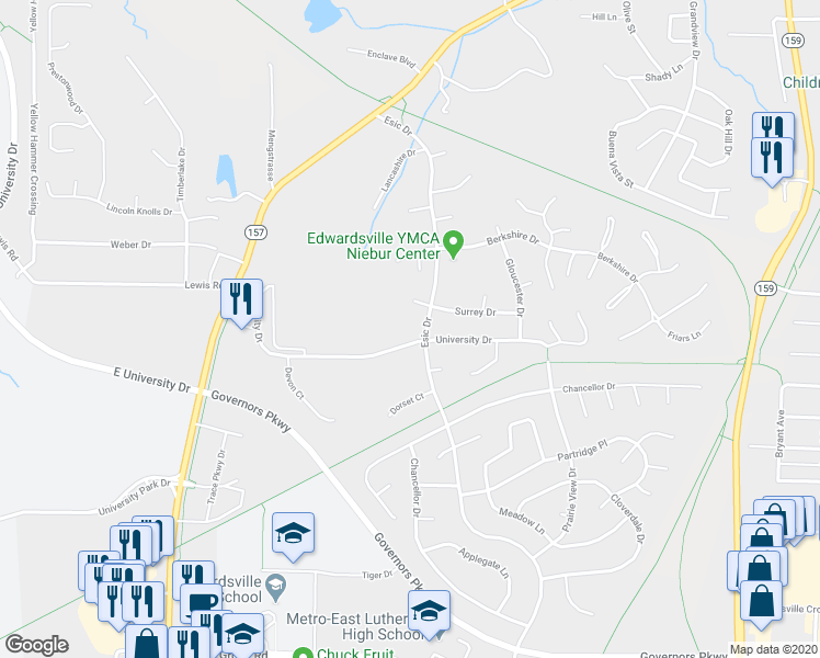 map of restaurants, bars, coffee shops, grocery stores, and more near 10 Pine Hollow Court in Edwardsville