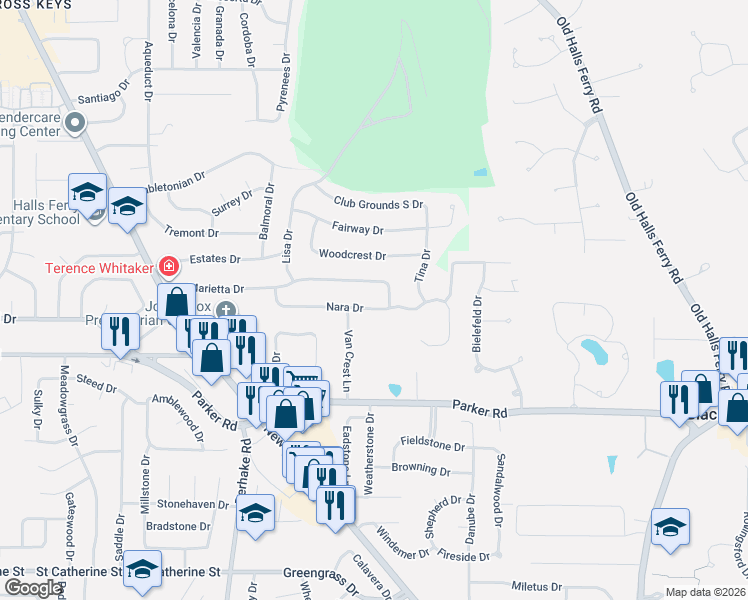 map of restaurants, bars, coffee shops, grocery stores, and more near 1395 Christy Drive in Florissant