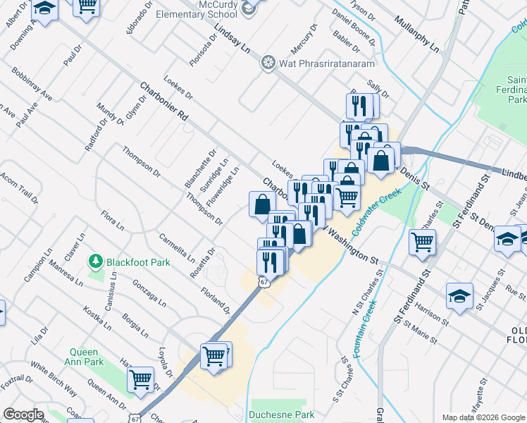 map of restaurants, bars, coffee shops, grocery stores, and more near 617 Rosetta Drive in Florissant