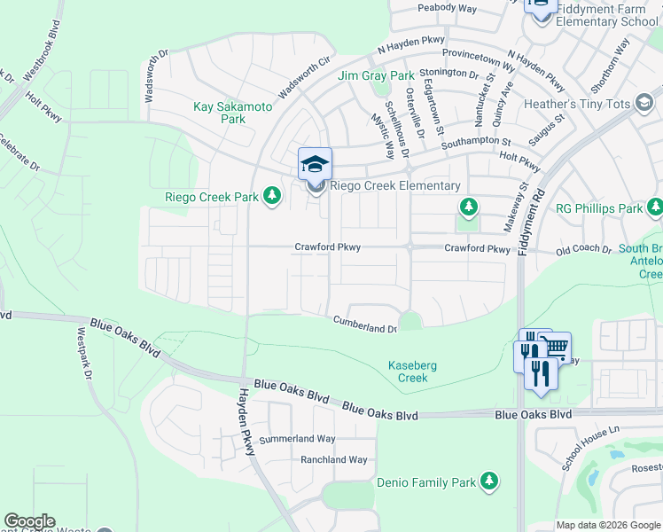 map of restaurants, bars, coffee shops, grocery stores, and more near 3094 Pruett Drive in Roseville