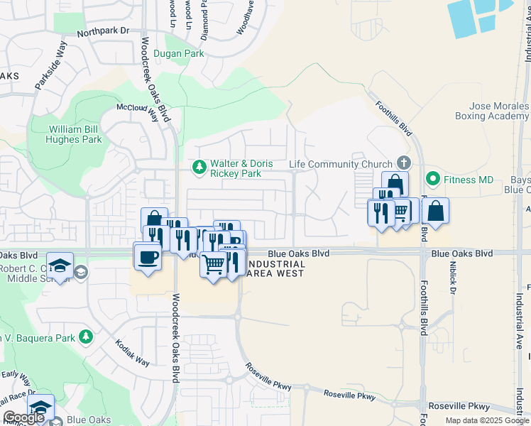 map of restaurants, bars, coffee shops, grocery stores, and more near 1499 Grey Bunny Drive in Roseville
