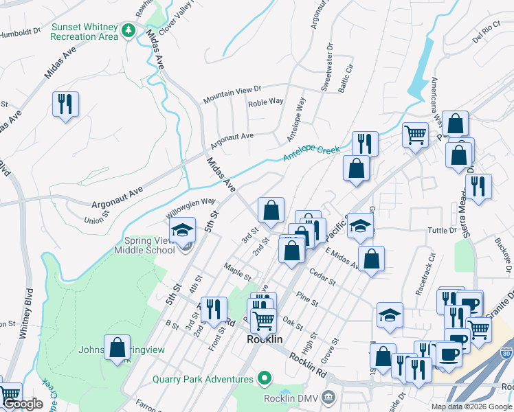map of restaurants, bars, coffee shops, grocery stores, and more near 3420 Meadow Way in Rocklin