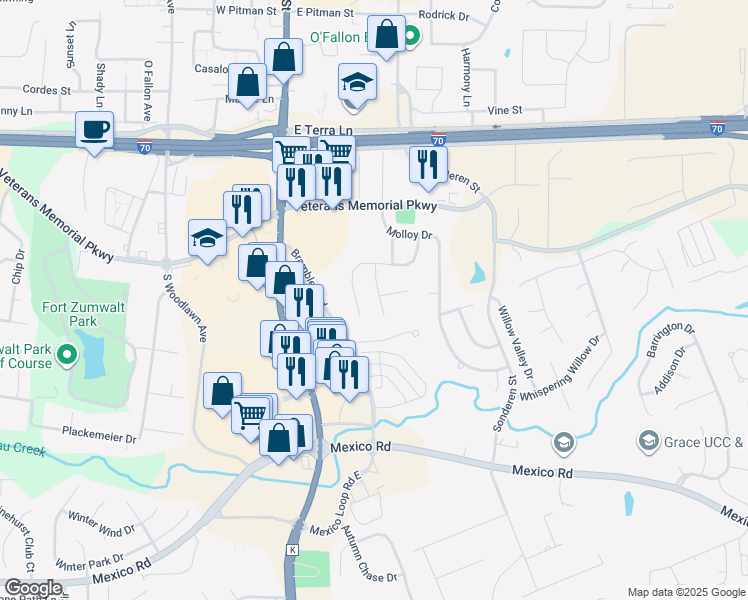 map of restaurants, bars, coffee shops, grocery stores, and more near 879 Hardcastle Drive in O'Fallon