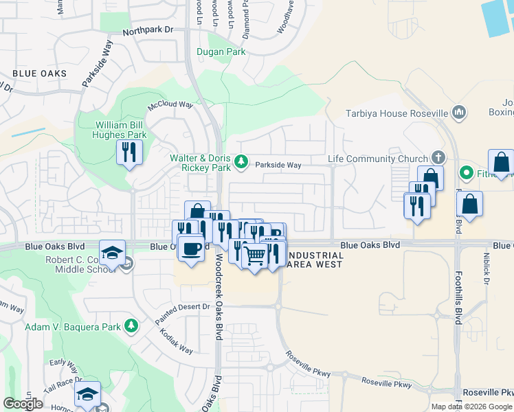 map of restaurants, bars, coffee shops, grocery stores, and more near 1651 Grey Bunny Drive in Roseville