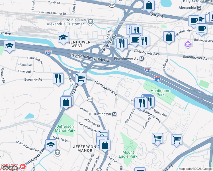 map of restaurants, bars, coffee shops, grocery stores, and more near 2550 Huntington Avenue in Alexandria