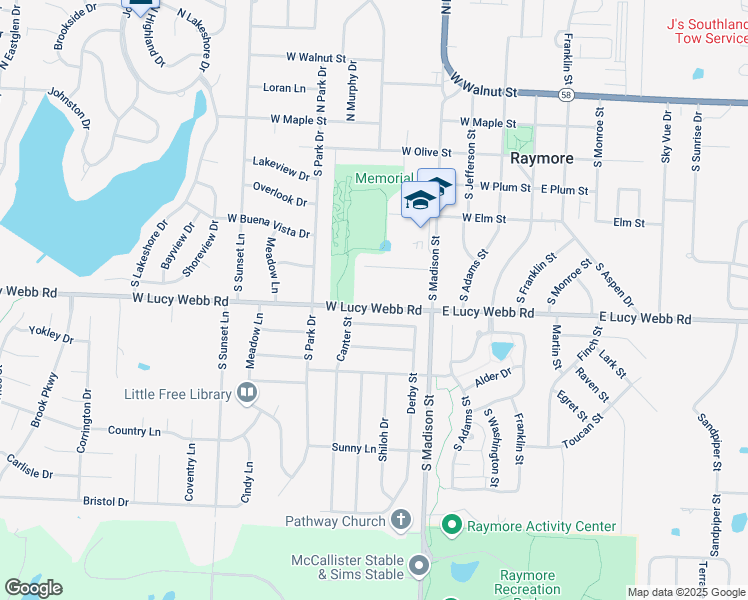map of restaurants, bars, coffee shops, grocery stores, and more near 500 West Lucy Webb Road in Raymore