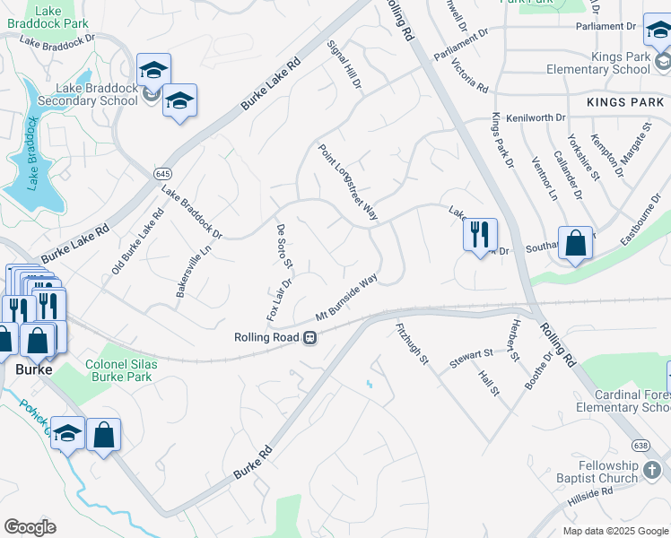 map of restaurants, bars, coffee shops, grocery stores, and more near 9095 Blue Jug Landing in Burke