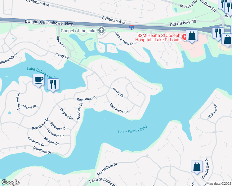 map of restaurants, bars, coffee shops, grocery stores, and more near 251 Savoy Drive in Lake Saint Louis