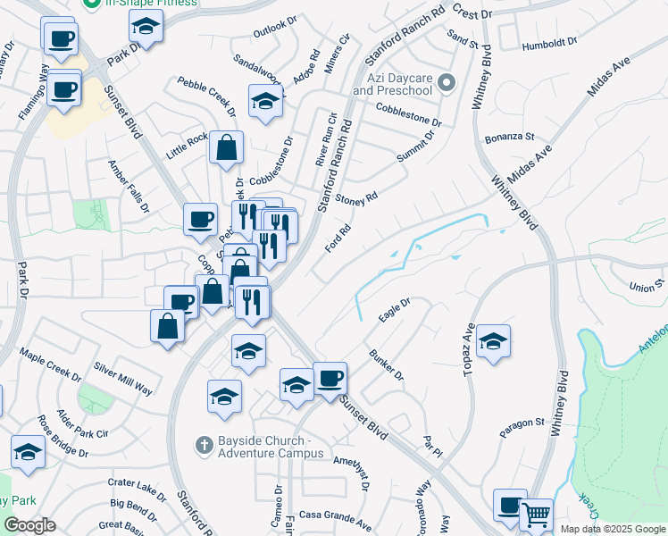 map of restaurants, bars, coffee shops, grocery stores, and more near 5068 Midas Avenue in Rocklin