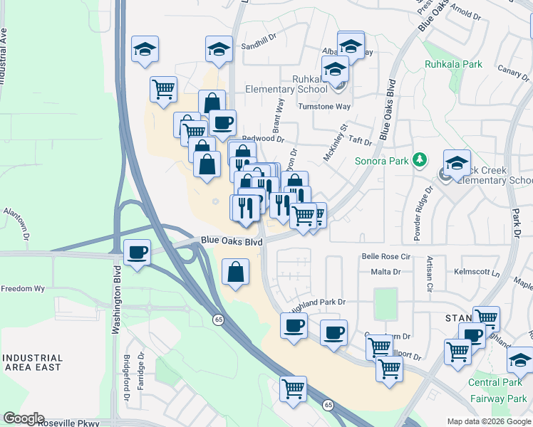 map of restaurants, bars, coffee shops, grocery stores, and more near 6811 Lonetree Boulevard in Rocklin