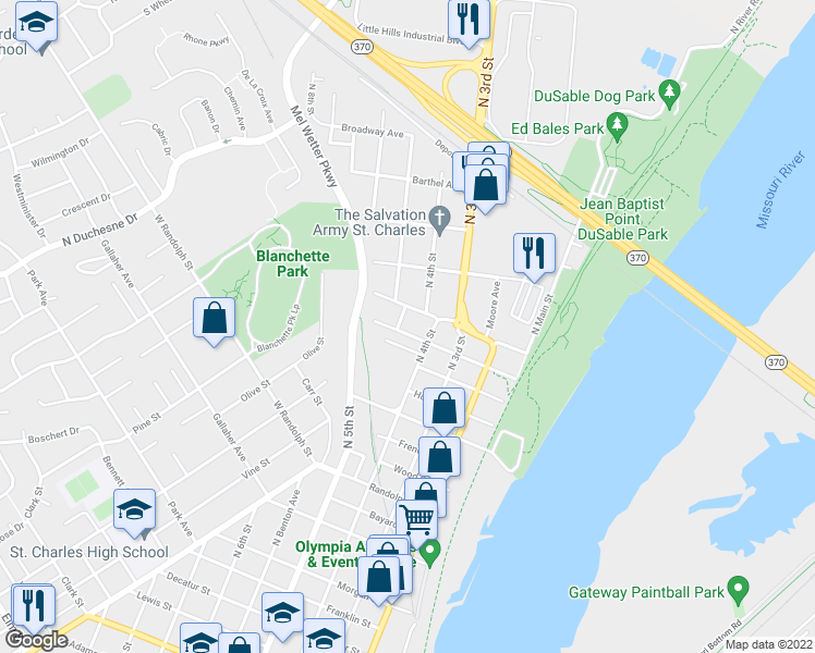 map of restaurants, bars, coffee shops, grocery stores, and more near 502 Bainbridge Street in Saint Charles