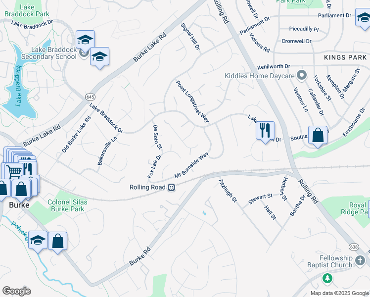 map of restaurants, bars, coffee shops, grocery stores, and more near 9095 Blue Jug Landing in Burke