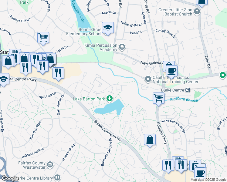 map of restaurants, bars, coffee shops, grocery stores, and more near 5717 Edgewater Oak Court in Burke