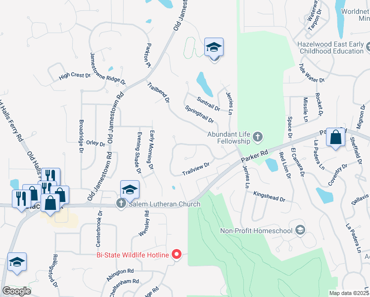 map of restaurants, bars, coffee shops, grocery stores, and more near 5238 Trailoaks Drive in Florissant