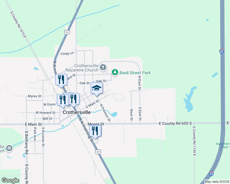 map of restaurants, bars, coffee shops, grocery stores, and more near 612 East Main Street Circle in Crothersville