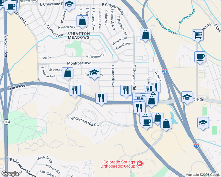 map of restaurants, bars, coffee shops, grocery stores, and more near 1201-1203 Pando Avenue in Colorado Springs