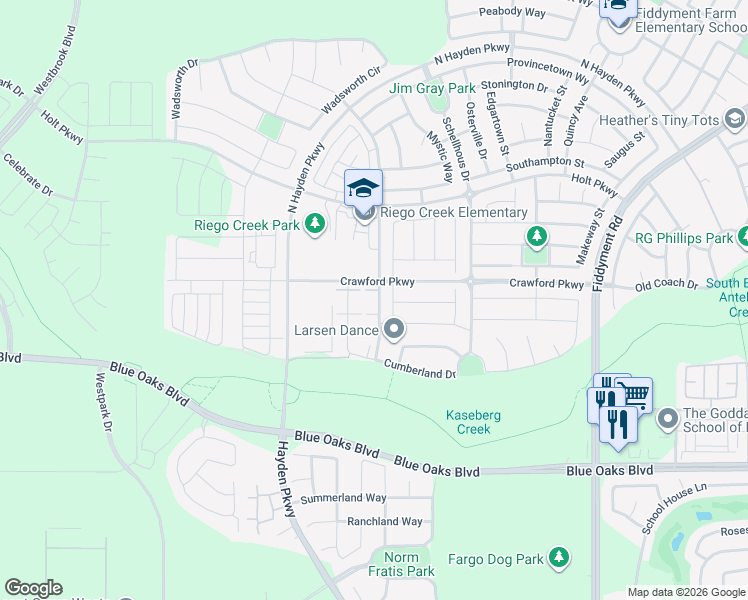 map of restaurants, bars, coffee shops, grocery stores, and more near 3094 Pruett Drive in Roseville