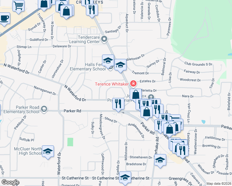 map of restaurants, bars, coffee shops, grocery stores, and more near 4 Whitney Circle in Florissant