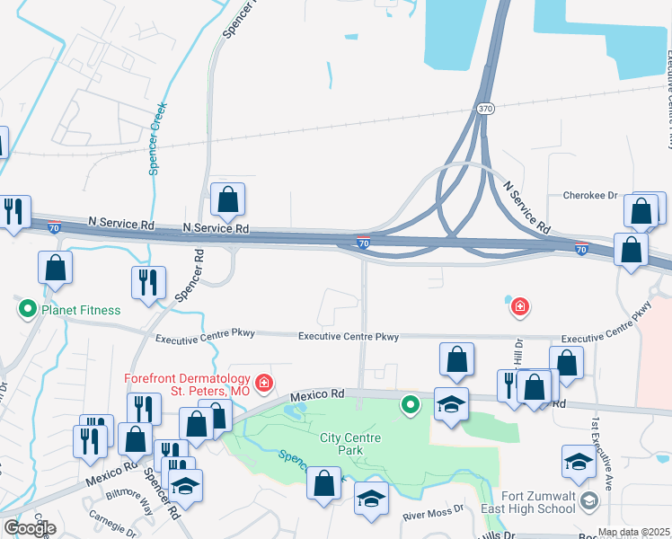 map of restaurants, bars, coffee shops, grocery stores, and more near 5555 Veterans Memorial Parkway in St. Peters