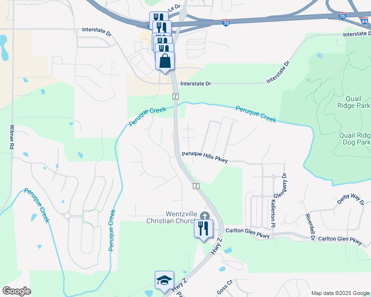 map of restaurants, bars, coffee shops, grocery stores, and more near 116 Peruque Valley Drive in Wentzville