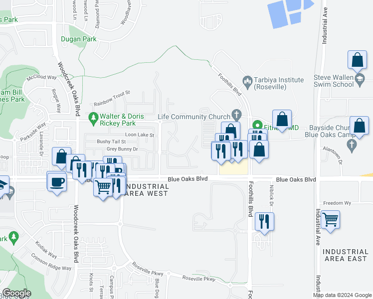map of restaurants, bars, coffee shops, grocery stores, and more near 1367 Indian Runner Drive in Roseville