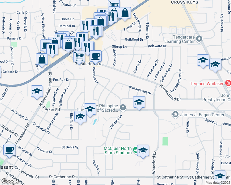 map of restaurants, bars, coffee shops, grocery stores, and more near 1400 Paddock Drive in Florissant