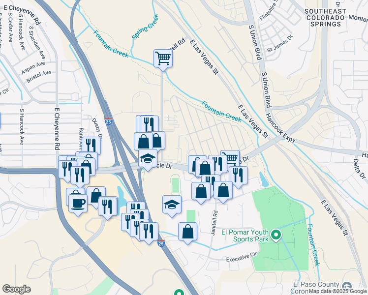map of restaurants, bars, coffee shops, grocery stores, and more near 2850 South Circle Drive in Colorado Springs