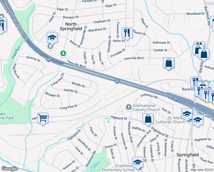 map of restaurants, bars, coffee shops, grocery stores, and more near 7401 Estaban Place in Springfield