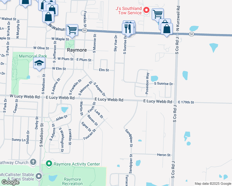 map of restaurants, bars, coffee shops, grocery stores, and more near 517 Sky Vue Drive in Raymore