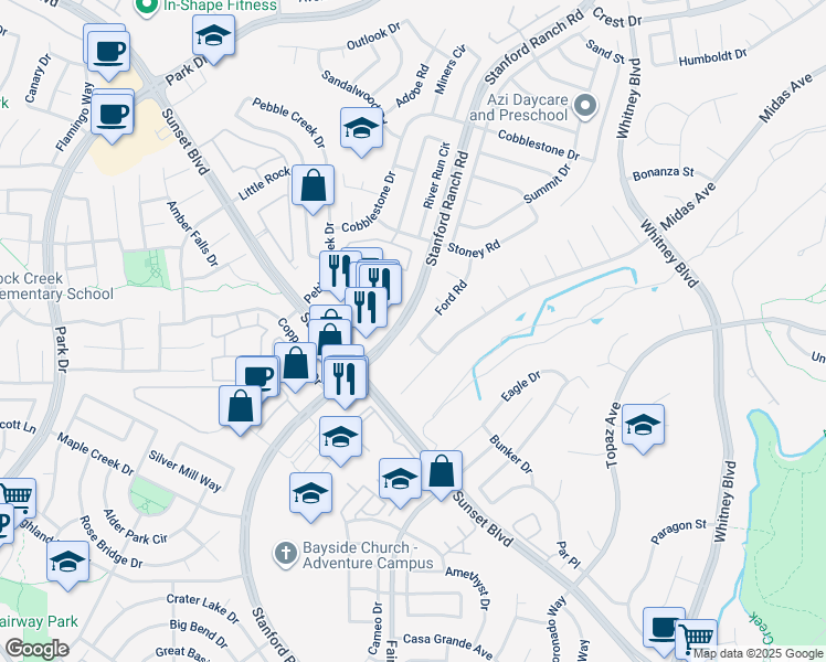 map of restaurants, bars, coffee shops, grocery stores, and more near 5830 Ford Court in Rocklin