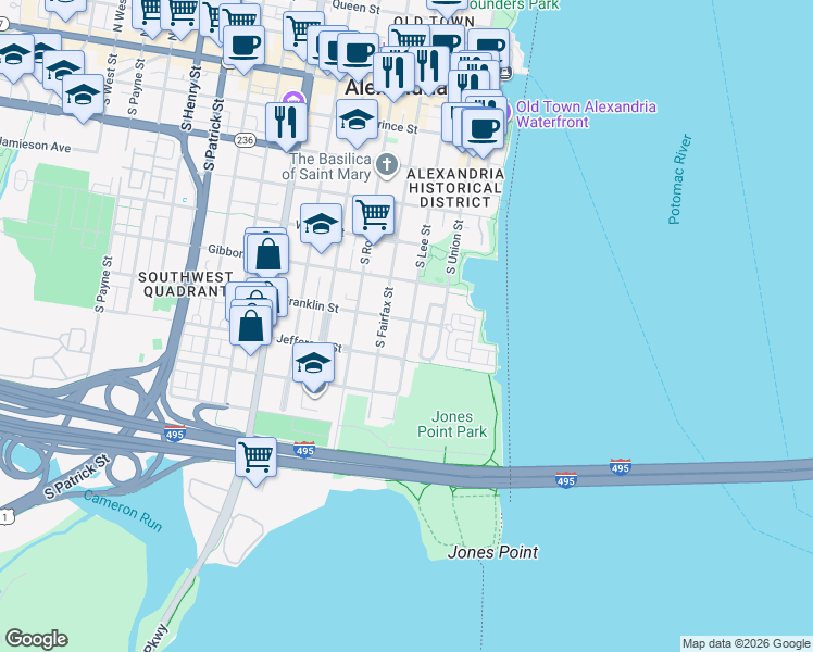 map of restaurants, bars, coffee shops, grocery stores, and more near 701 South Lee Street in Alexandria