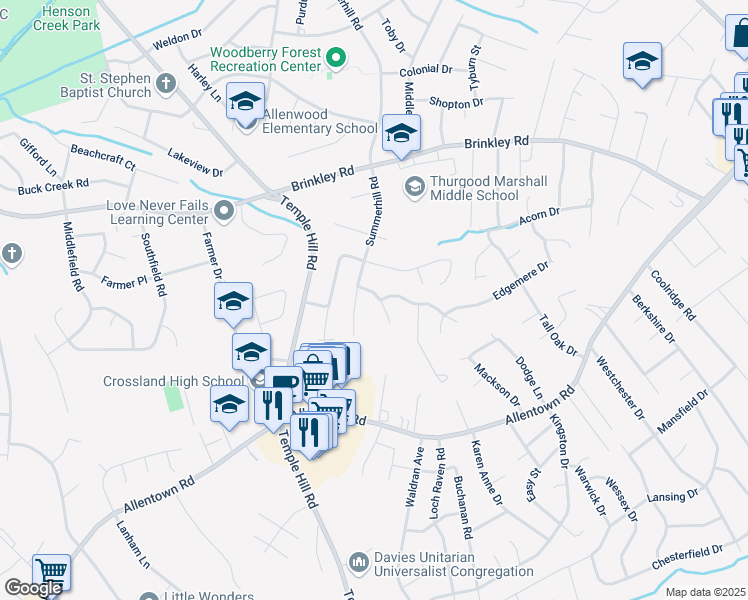 map of restaurants, bars, coffee shops, grocery stores, and more near 4805 Wickham Drive in Camp Springs