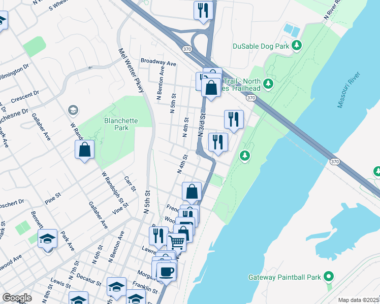 map of restaurants, bars, coffee shops, grocery stores, and more near 1924 North 4th Street in Saint Charles