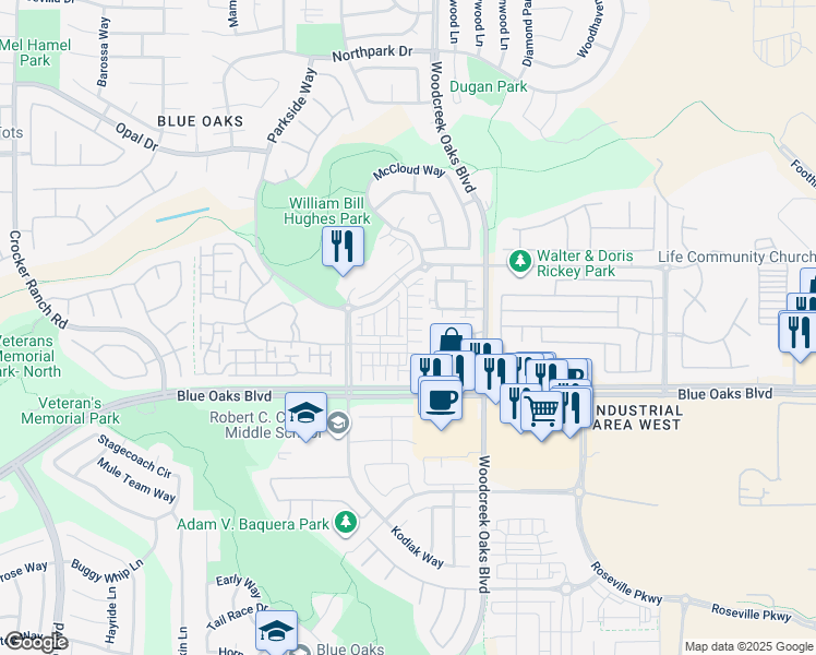 map of restaurants, bars, coffee shops, grocery stores, and more near Lavande Place in Roseville